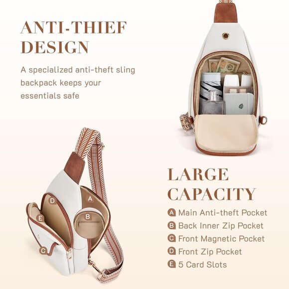 New Large Beige PU Leather Sling Bag Anti-theft Crossbody Travel Bag Purse - Picture 3 of 6